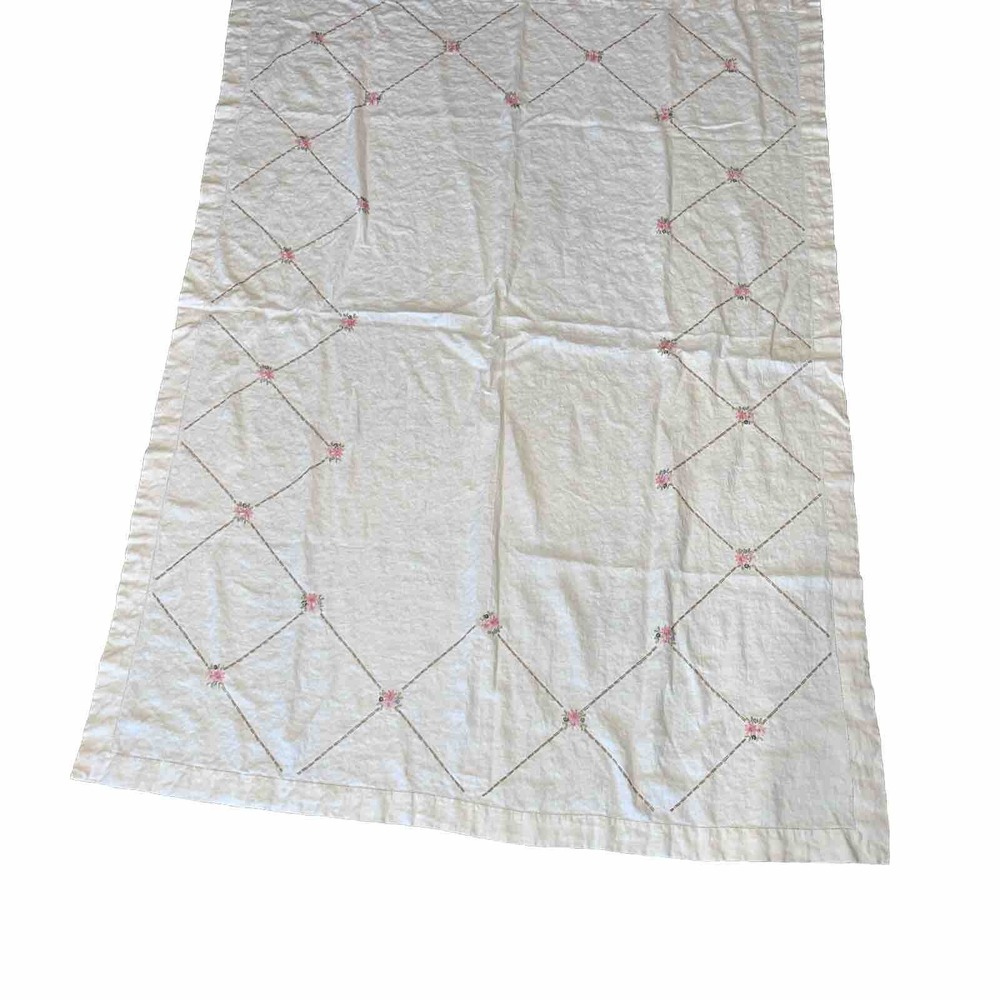 Vintage Hand Embroidered Linen Tablecloth Pink Flowers 66X47 In Stain